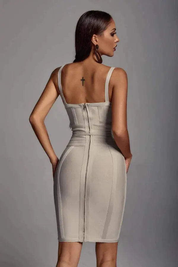 BEAUKEY Fashion Yellow Sexy V Neck Bandage Dresses Women Spaghetti Strap Belt Sashes Dress Khaki Party Club Vestidos Bodycon XL - Loja Mireva