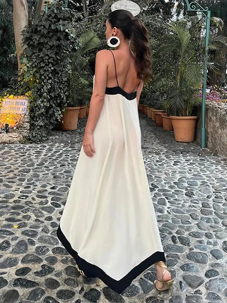 Tossy Patchwork Backless Halter Dresses Women Sexy V-Neck Elegant Summer 2024 Party Dress Spaghetti Gown Ladies Slim Maxi Dress - Loja Mireva