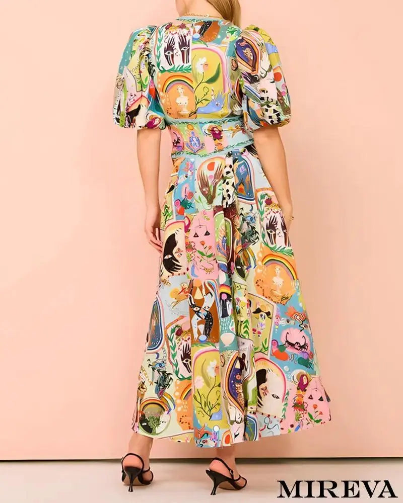 Vestido Elegante Estampado Com Decote Em V E Saia Rodada