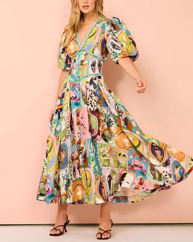 Vestido Elegante Estampado Com Decote Em V E Saia Rodada