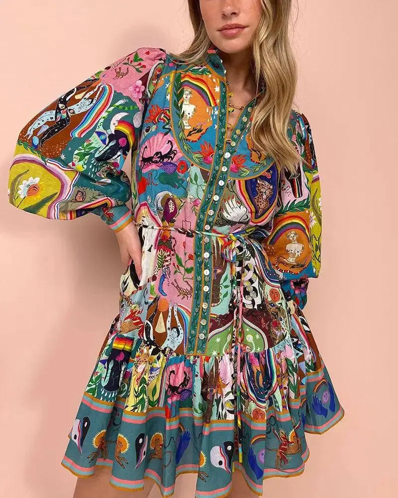 Vestido Estampado Com Pregas E Amarração Imagem / P