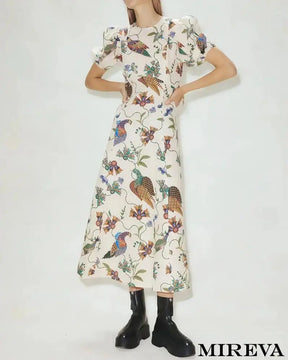 Vestido Longo Pássaro E Flores